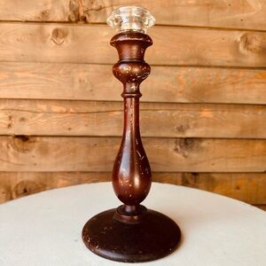 Vintage Wooden Candle Holder With Glass Accent, Early 20th Century Victorian